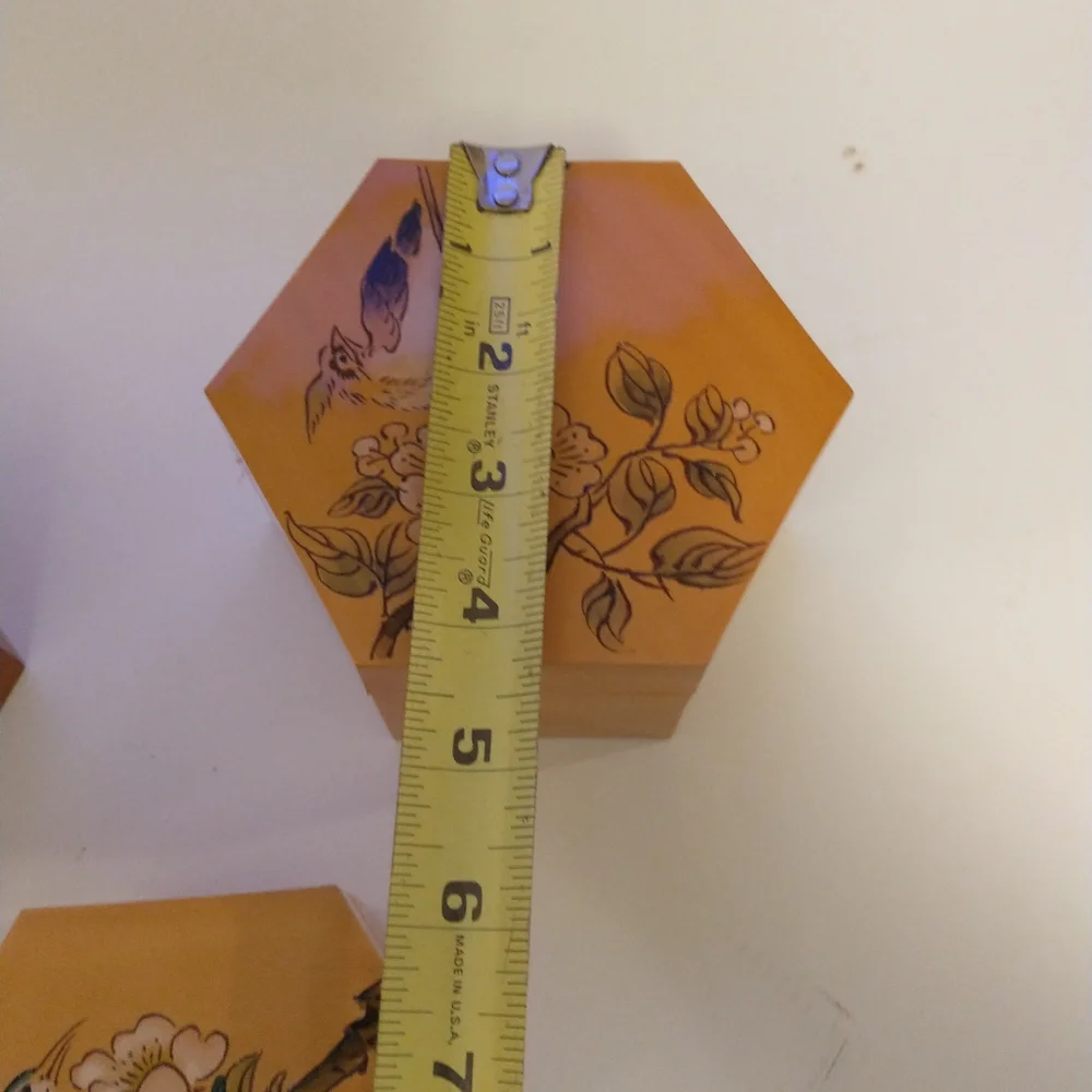 Vintage Chinese bamboo nesting hexagon boxes birds mid-century Asian Set Of 3